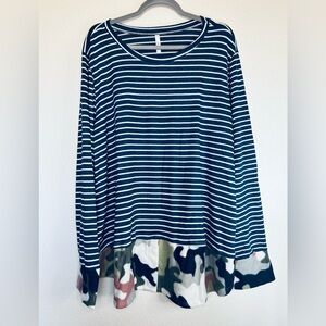 Blue and white striped top with camo trim, size 2X